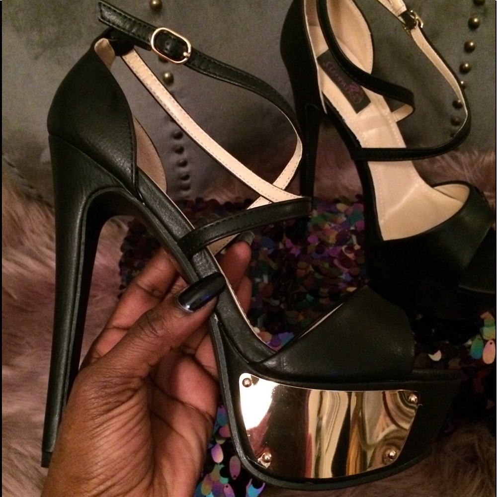 Cleopatra gold plated blck platform strap heels (SOLD)